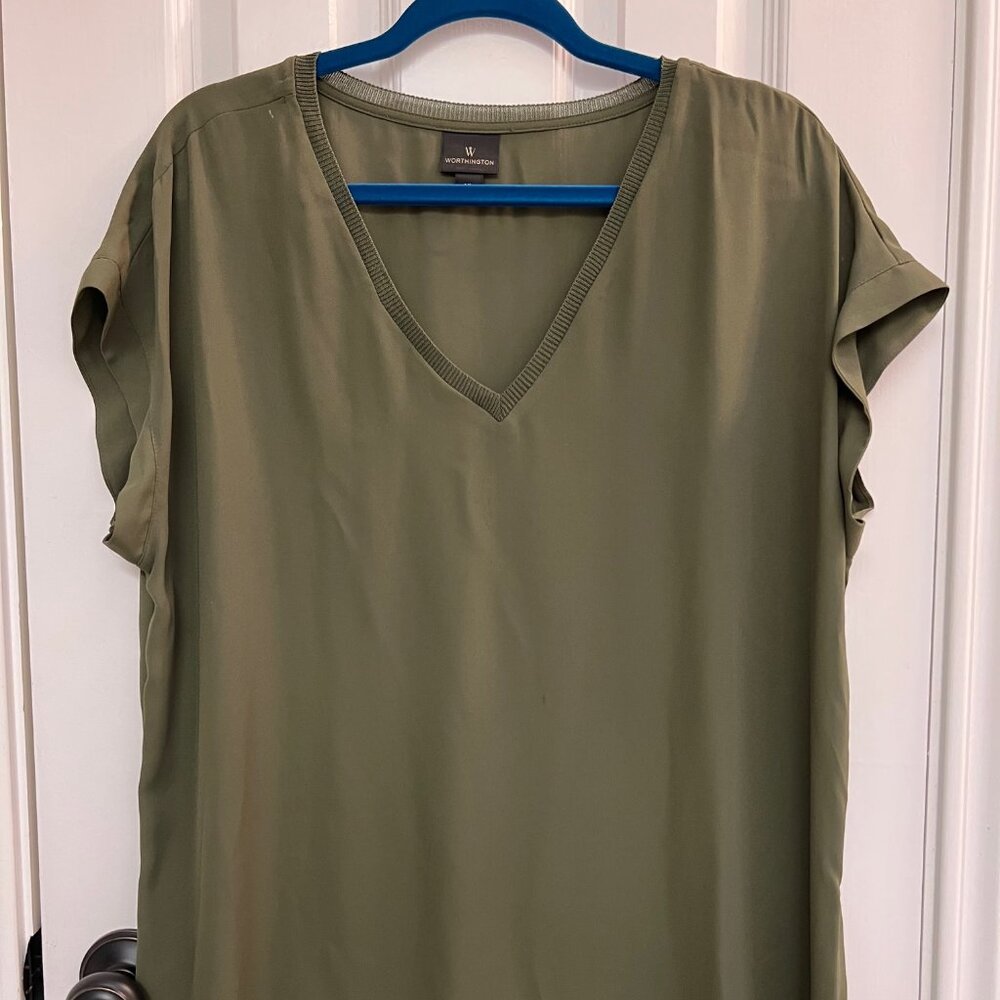 Worthington Olive Green Short Sleeve Blouse Size XL